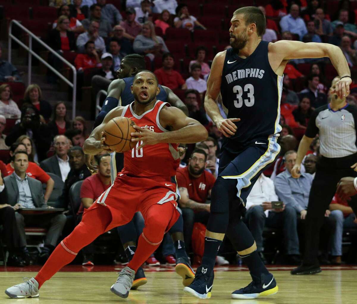 Houston Rockets guard Eric Gordon (10) moves toward the basket while Memphis Grizzlies center Marc Gasol (33) is trying to stop him during the second quarter of the NBA game at Toyota Center Monday, Oct. 23, 2017, in Houston.