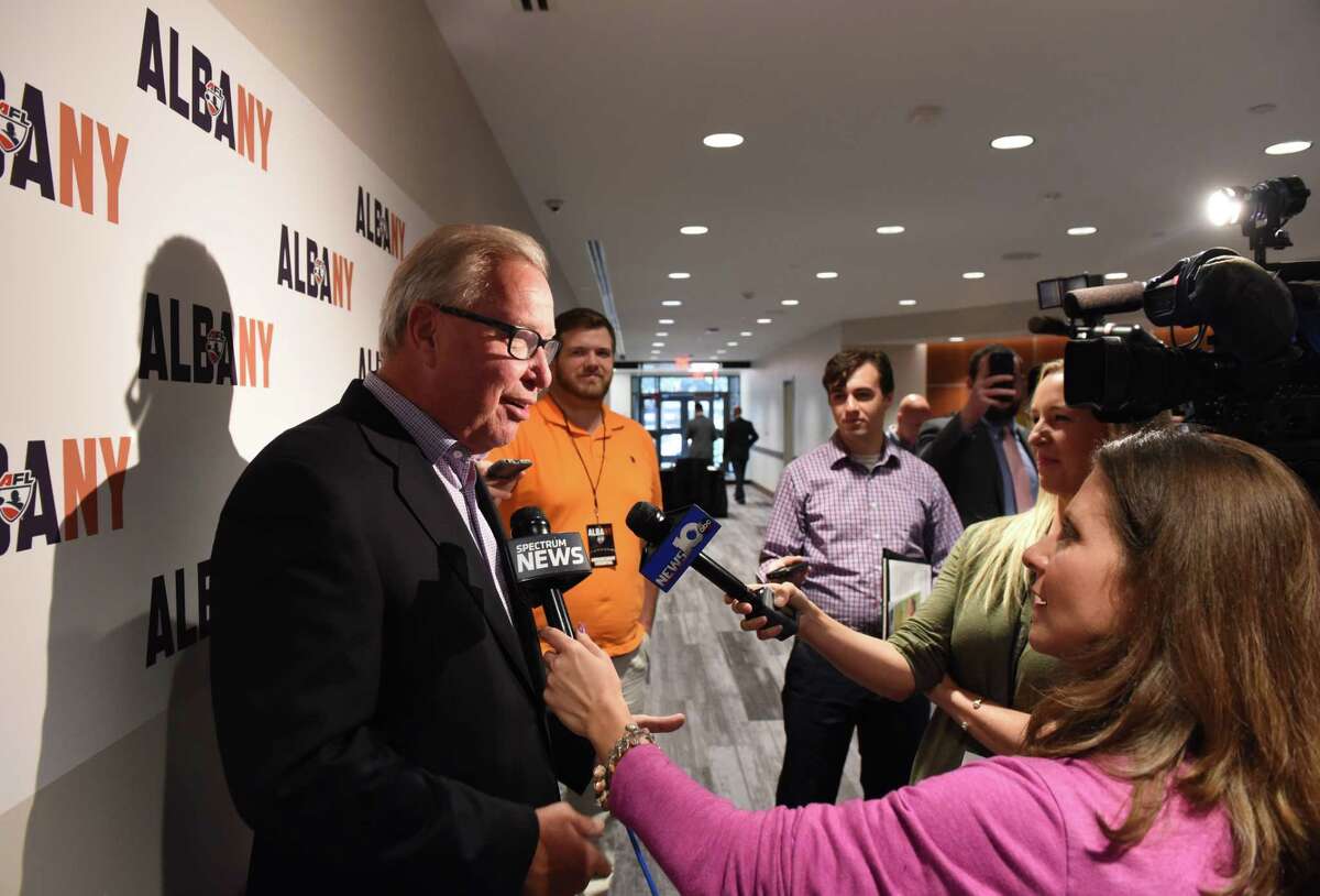 Ron Jaworski, former NFL quarterback and part of the Arena Football League Philadelphia Soul's ownership group, speaks following a press conference to announce a new Albany Arena Football League team on Tuesday, Oct. 24, 2017, at the Hearst Media Center in Colonie, N.Y. The team's local owners are: George Hearst III, publisher and CEO of the Times Union; Dan Nolan, president and CEO of Hugh Johnson Advisors; and businessman Ed Swyer. The Philadelphia Soul's ownership group is joining local owners to run the team. (Will Waldron/Times Union)