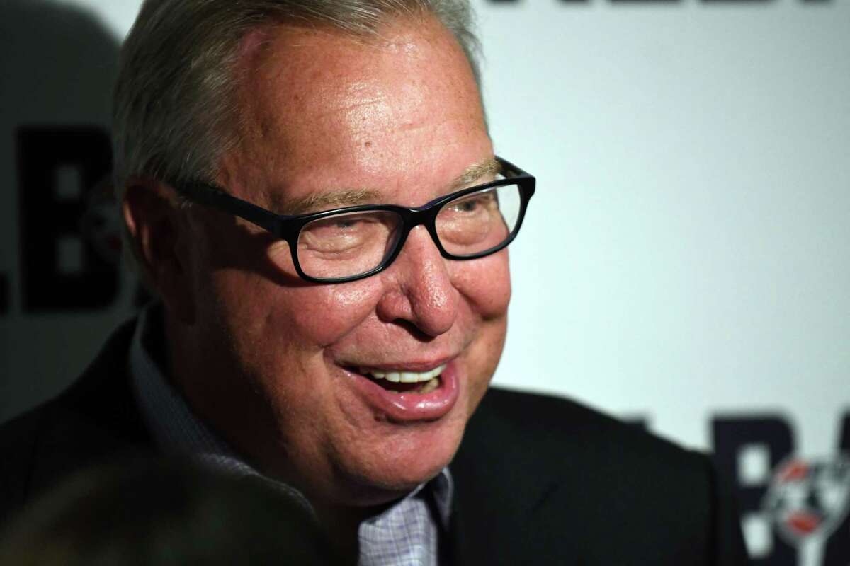 Ron Jaworski, former NFL quarterback and part of the Arena Football League Philadelphia Soul's ownership group, speaks following a press conference to announce a new Albany Arena Football League team on Tuesday, Oct. 24, 2017, at the Hearst Media Center in Colonie, N.Y. The team's local owners are: George Hearst III, publisher and CEO of the Times Union; Dan Nolan, president and CEO of Hugh Johnson Advisors; and businessman Ed Swyer. The Philadelphia Soul's ownership group is joining local owners to run the team. (Will Waldron/Times Union)