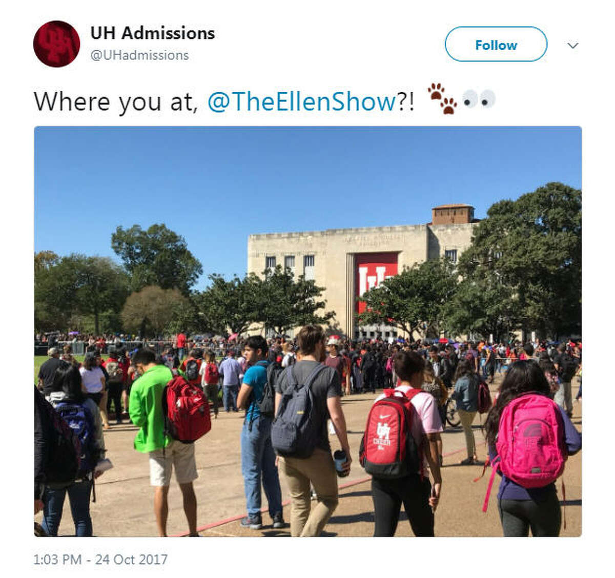Students and fans have been gathering in front of the E. Cullen building at the University of Houston in anticipation after Ellen DeGeneres tweeted she'd be giving away World Series tickets at the campus. Photo: Twitter