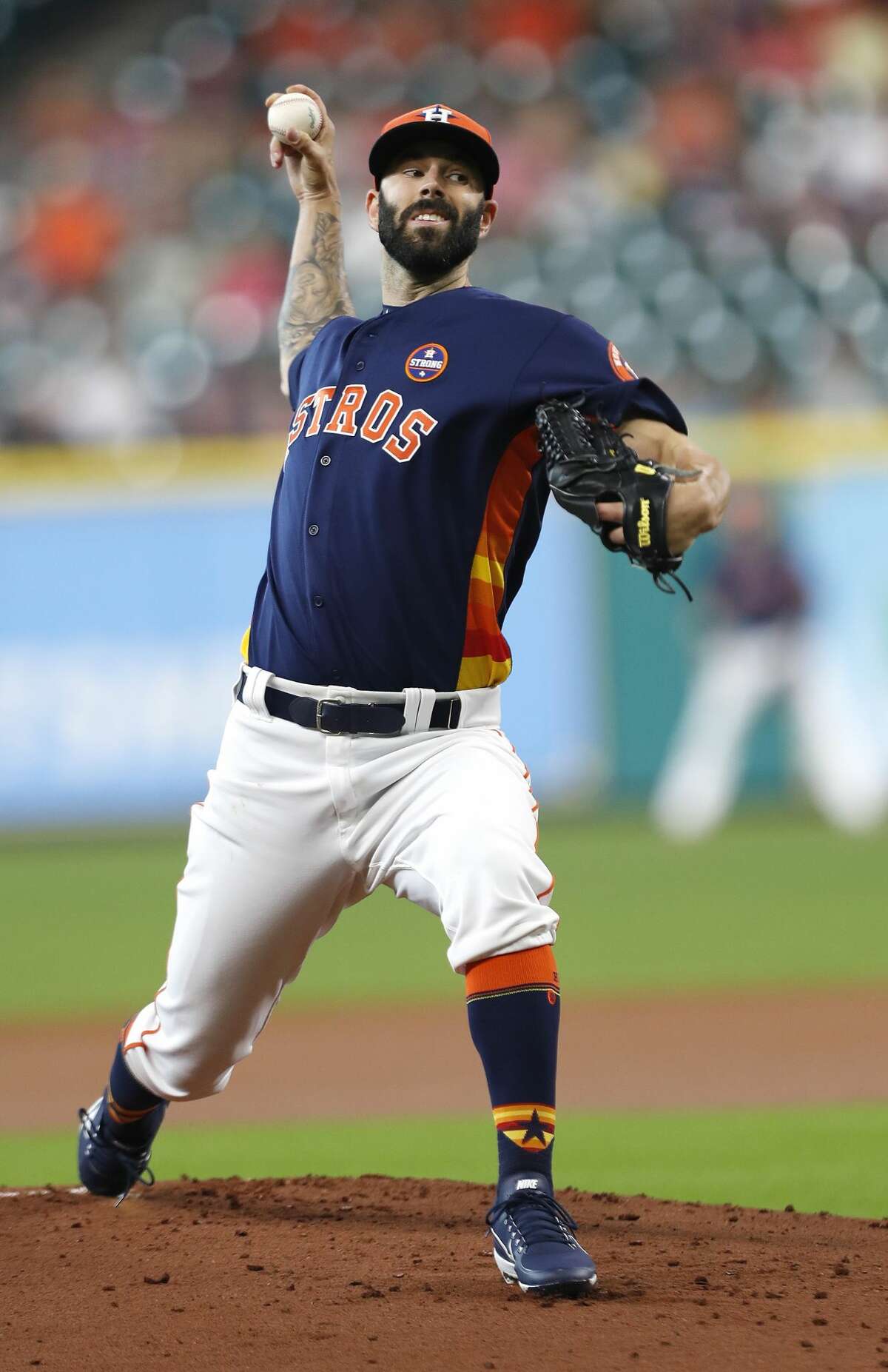 Houston Astros starting pitcher Mike Fiers (54) pitches during the first inning of an MLB baseball game at Minute Maid Park, Sunday, Sept. 3, 2017, in Houston. ( Karen Warren / Houston Chronicle )