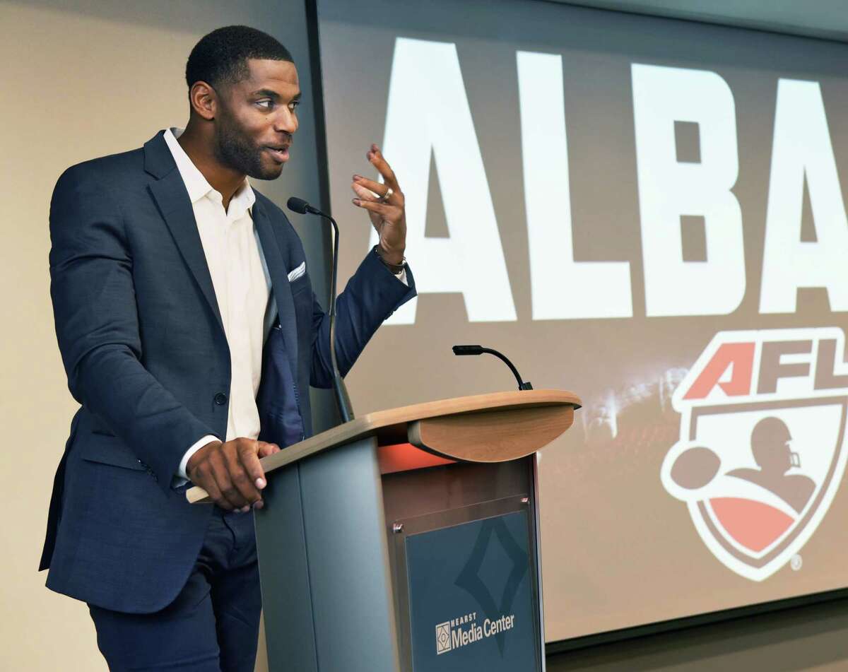 Former New Orleans Saint Marques Colston speaks during the announcement of the return of Arena Football League to Albany during a news conference at the Hearst Media Center Tuesday Oct. 24, 2017 in Colonie, NY. (John Carl D'Annibale / Times Union)