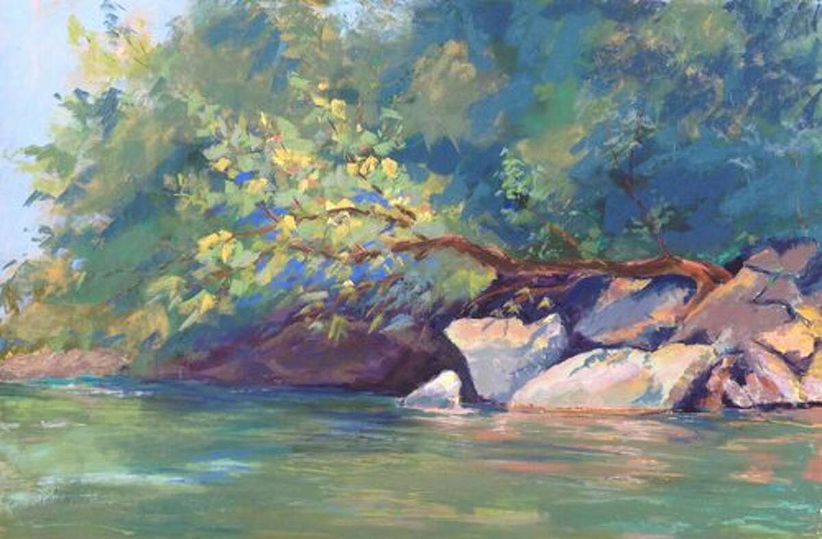 A pastel painting by Pam Markham titled "Caddo Running," which is currently on view at the Wynne Home Arts Center in Huntsville.
