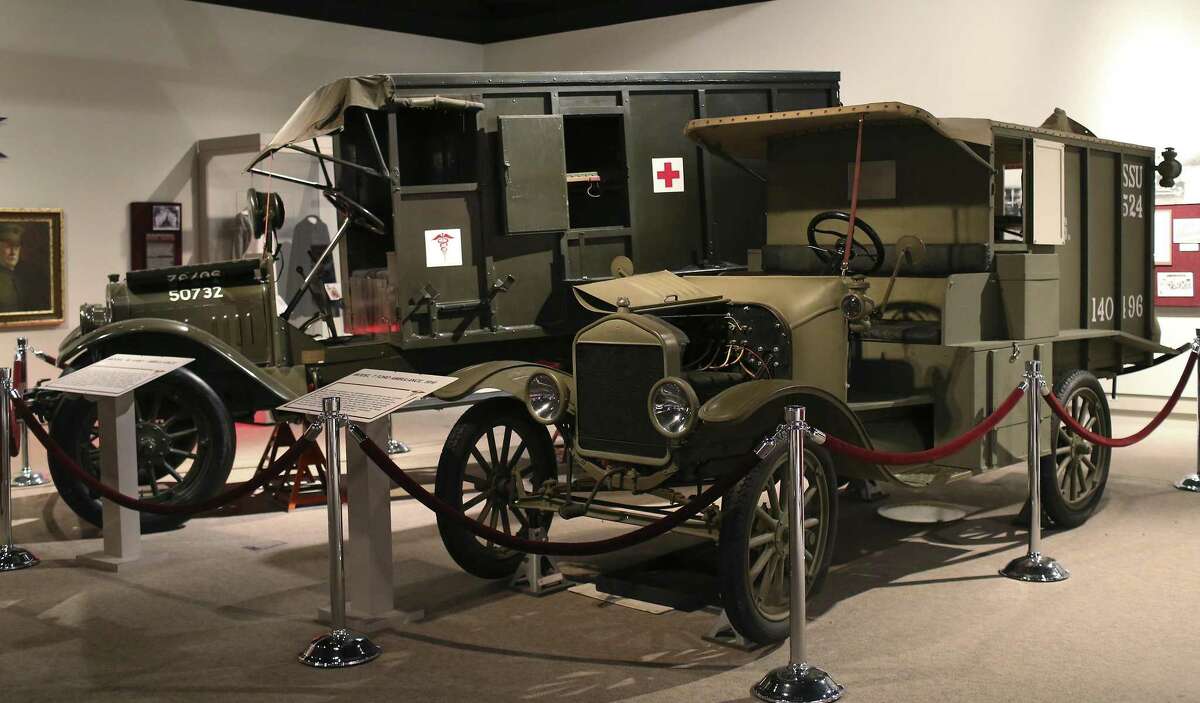 A Model 16 Army Ambulance (left) and a 1916 Model T Ford Ambulance were both used in World War I. They are among the exhibits at the U.S. Army Medical Department Museum at Fort Sam Houston.