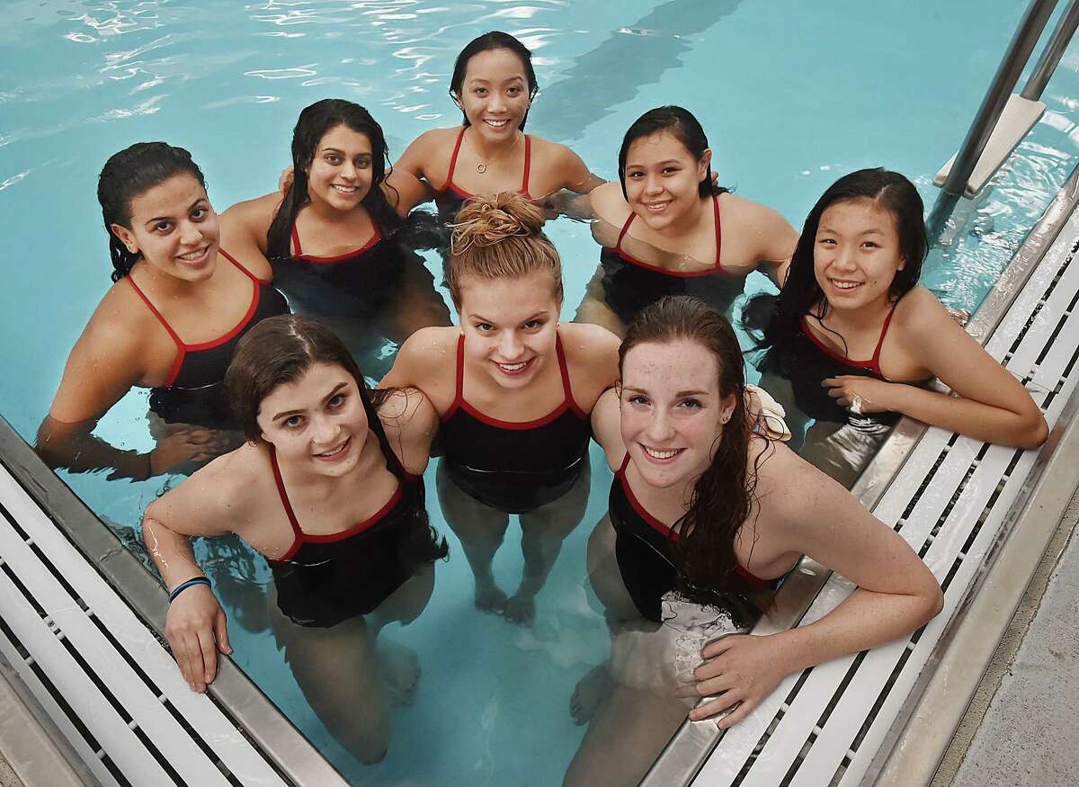 Cheshire seniors (front row, left to right) Stephanie Silin, Jordyn Deubel, Liz Boyer and (back row) Lexi Tejeda, Serena Patel, Amanda Go, Lizeth Morales and Jessica Tan. The seniors have been unbeaten in the regular season for all four years.