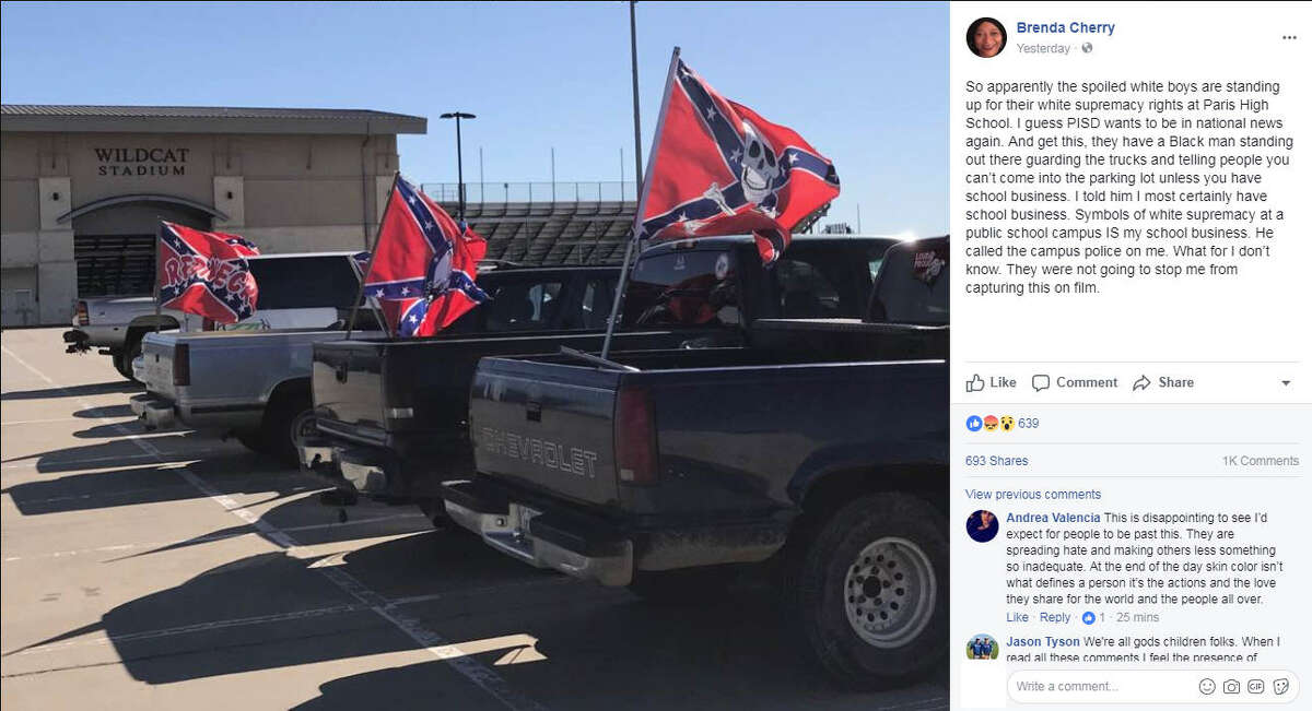 Confederate  flags spotted at Paris High School in Texas in late October 2017 have stirred controversy online. Image source: Facebook See Confederate statues and monuments in Texas that have been removed in 2017 in the gallery ahead. 