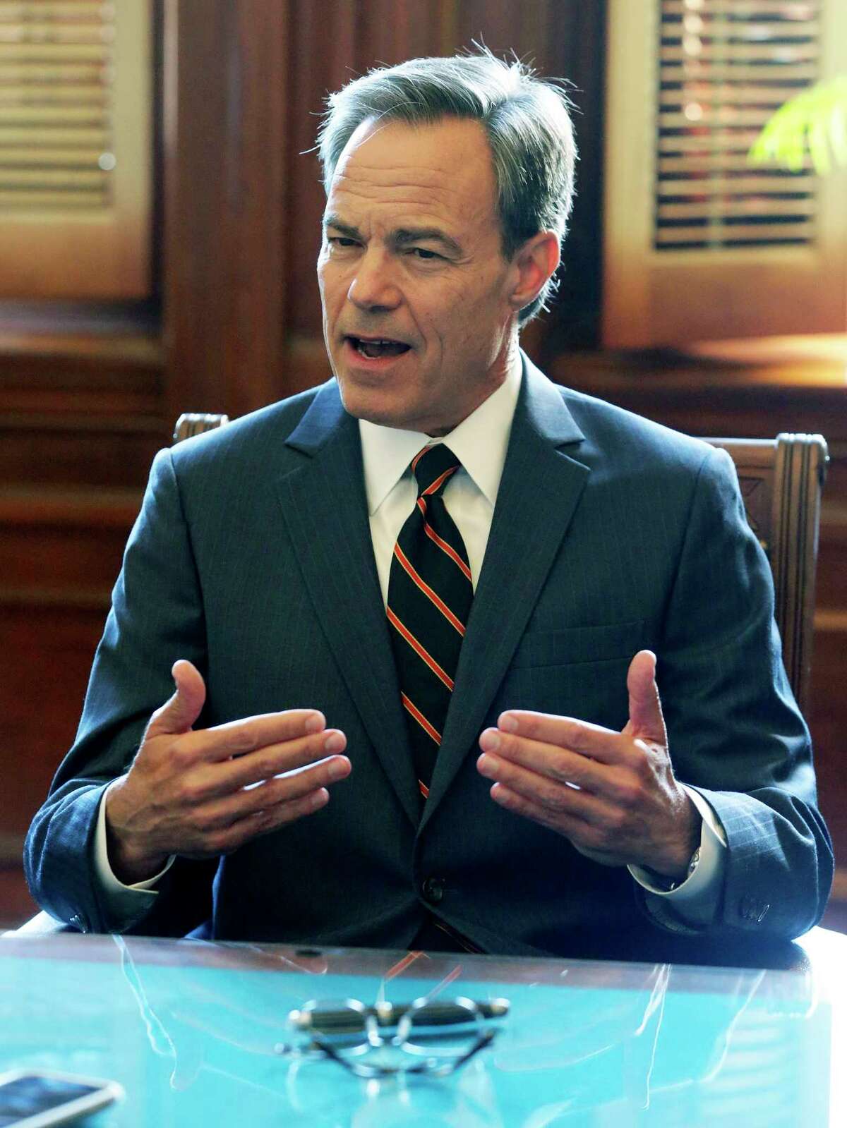 House Speaker Joe Straus talks in his office at the State Capitol on October 25, 2017.