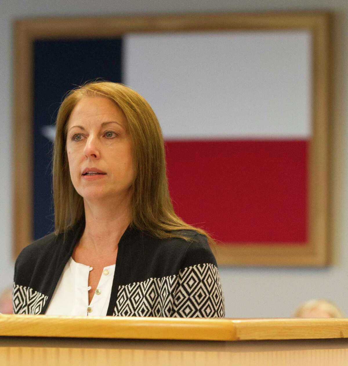 Elections Administrator Suzie Harvey presented a voting precinct change to commissioners Tuesday and said the Lone Star College Kingwood campus sustained damage during the Aug. 25 storm.