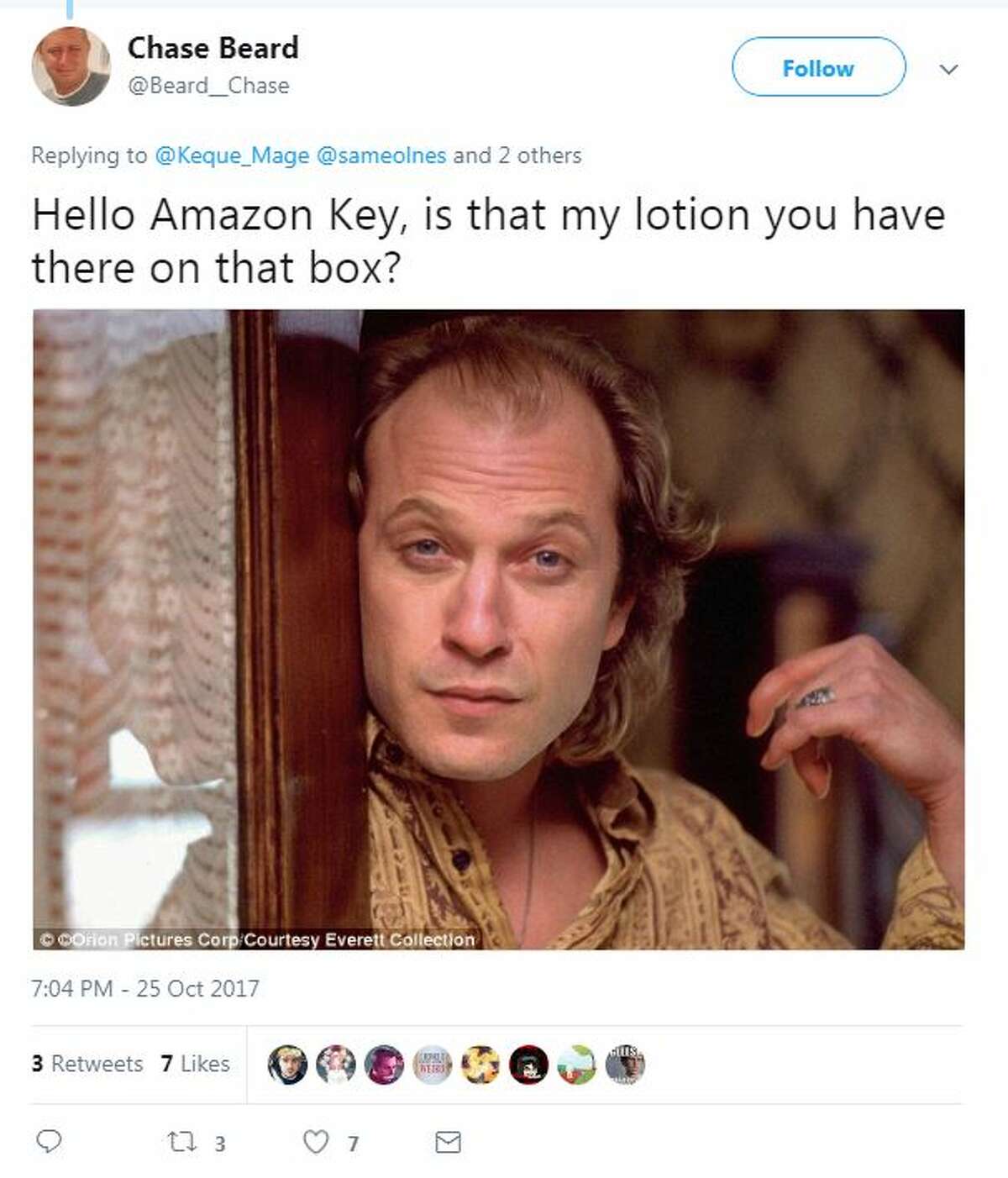@Beard__Chase Replying to @Keque_Mage @sameolnes and 2 others Hello Amazon Key, is that my lotion you have there on that box?
