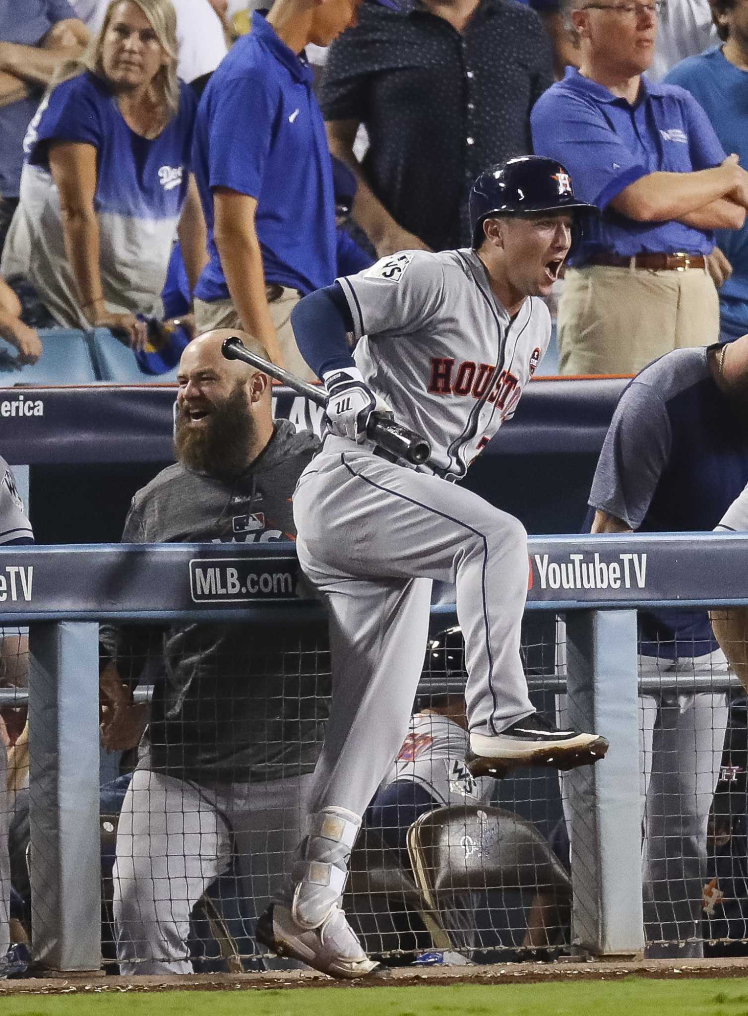 Marwin Gonzalez points to 'Houston Strong' patch after tying HR