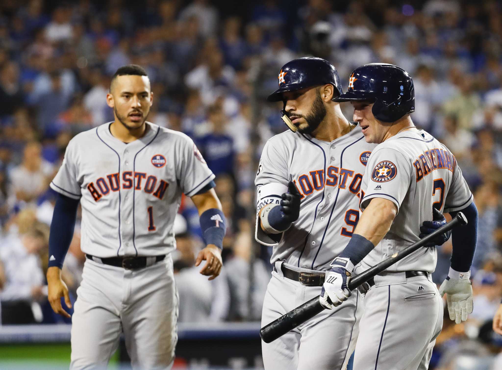 Marwin Gonzalez points to 'Houston Strong' patch after tying HR