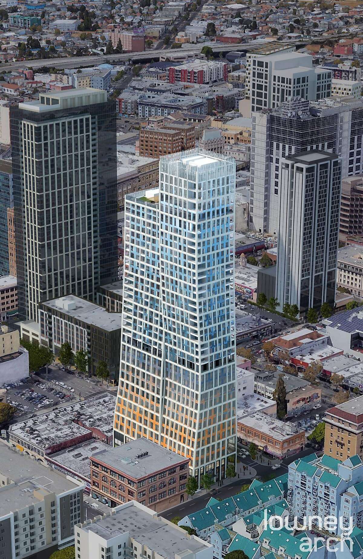 A rendering of 1261 Harrison St., a proposed 36-story, 460-foot tower for downtown Oakland. If approved and built, the high-rise would be the city's tallest building.