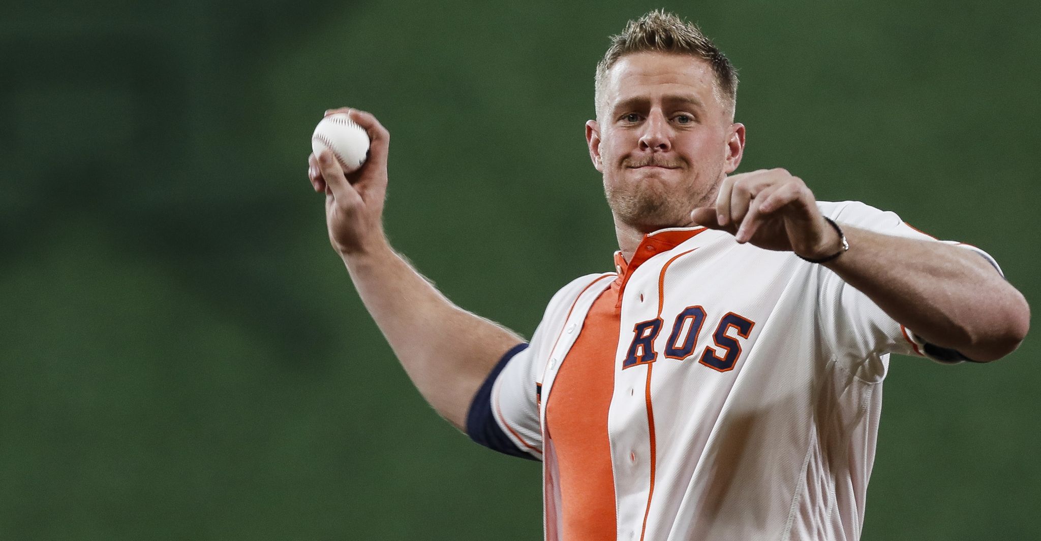 J.J. Watt of Houston Texans tosses first pitch at Game 3 of World