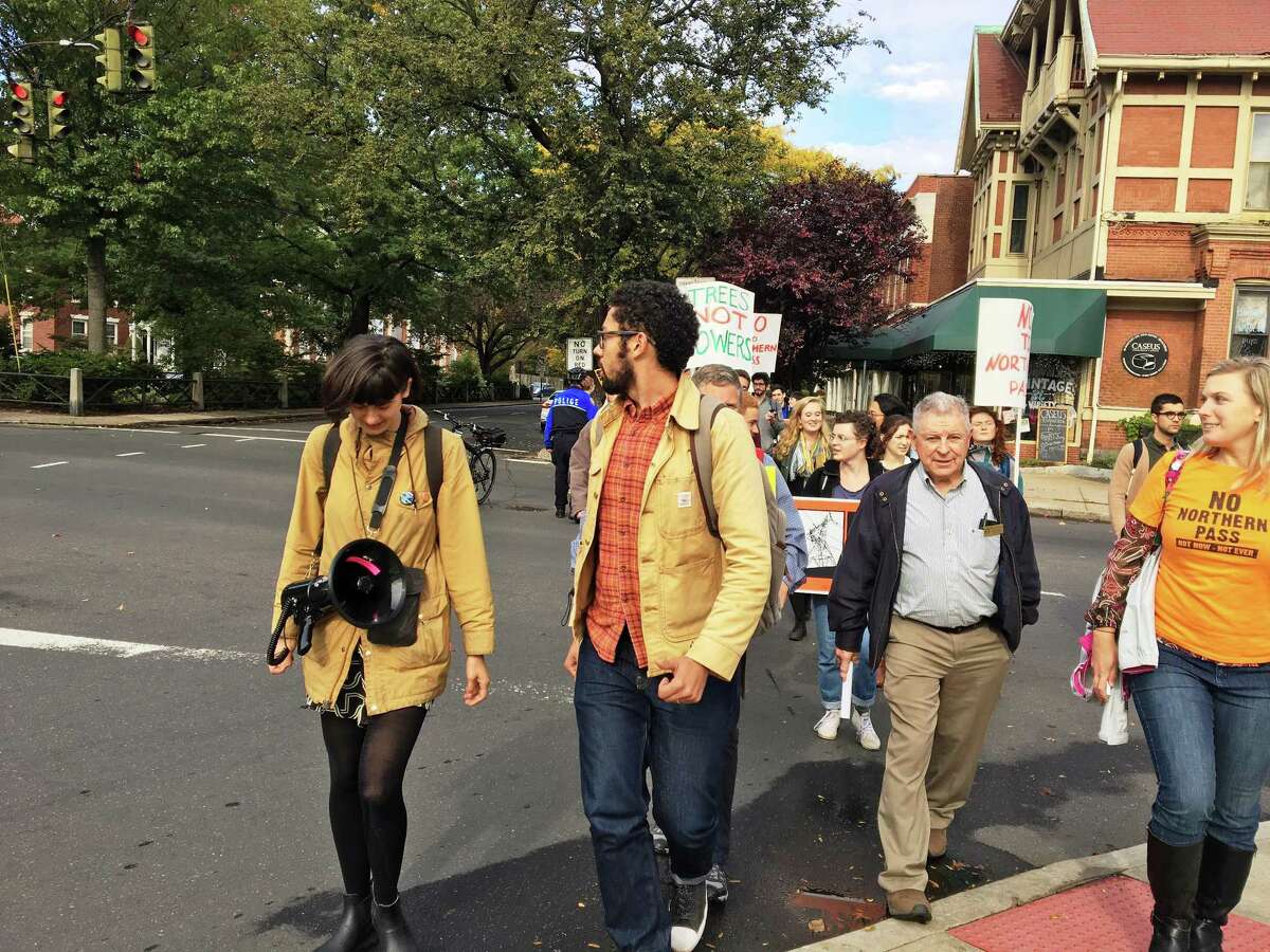 Students and a contingent from New Hampshire marched to Yale University’s investment office Thursday to protest its connection to the Northern Pass transmission line project that they said will have devastating environmental and social consequences for that state.