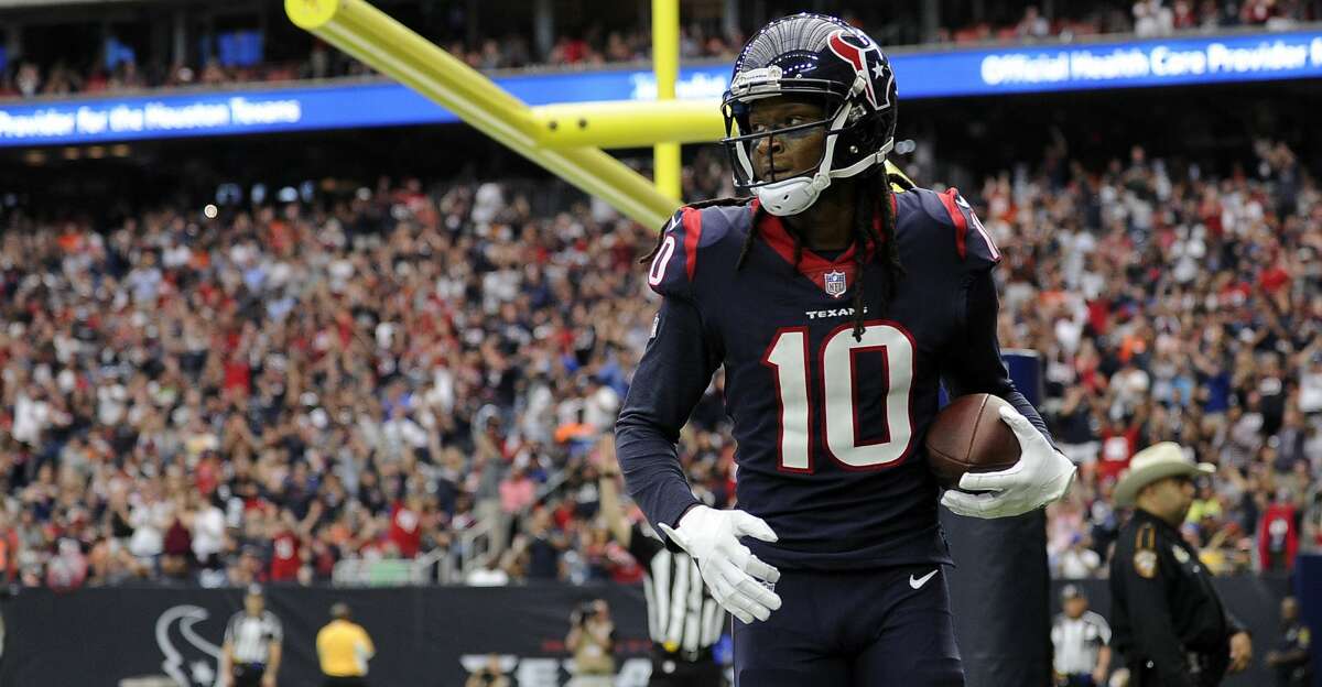 Houston Texans wide receiver DeAndre Hopkins (10) celebrates catching a touchdown pass during an NFL football game against the Cleveland Browns on Saturday, Oct. 14, 2017, in Houston. (AP Photo/Eric Christian Smith)