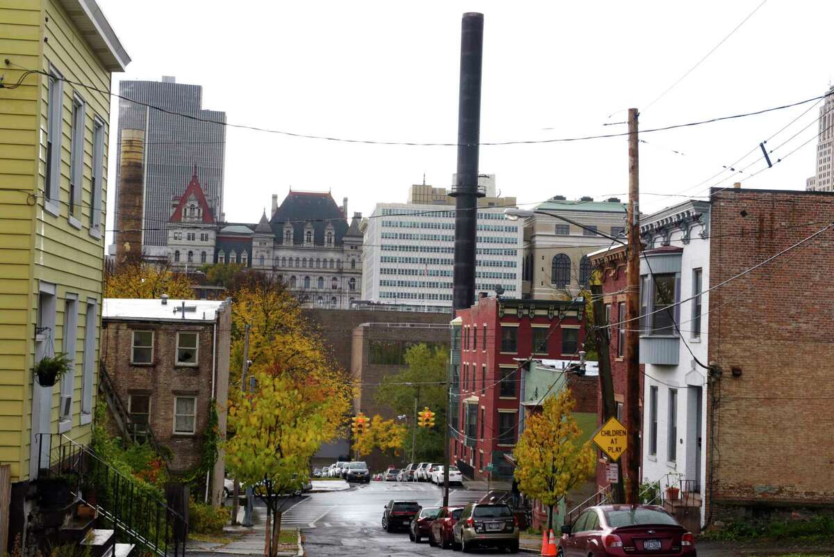 A view of the former trash incinerator site on Orange Street, building with single stack sticking out, seen here on Thursday, Oct. 26, 2017, in Albany, N.Y. (Paul Buckowski / Times Union)