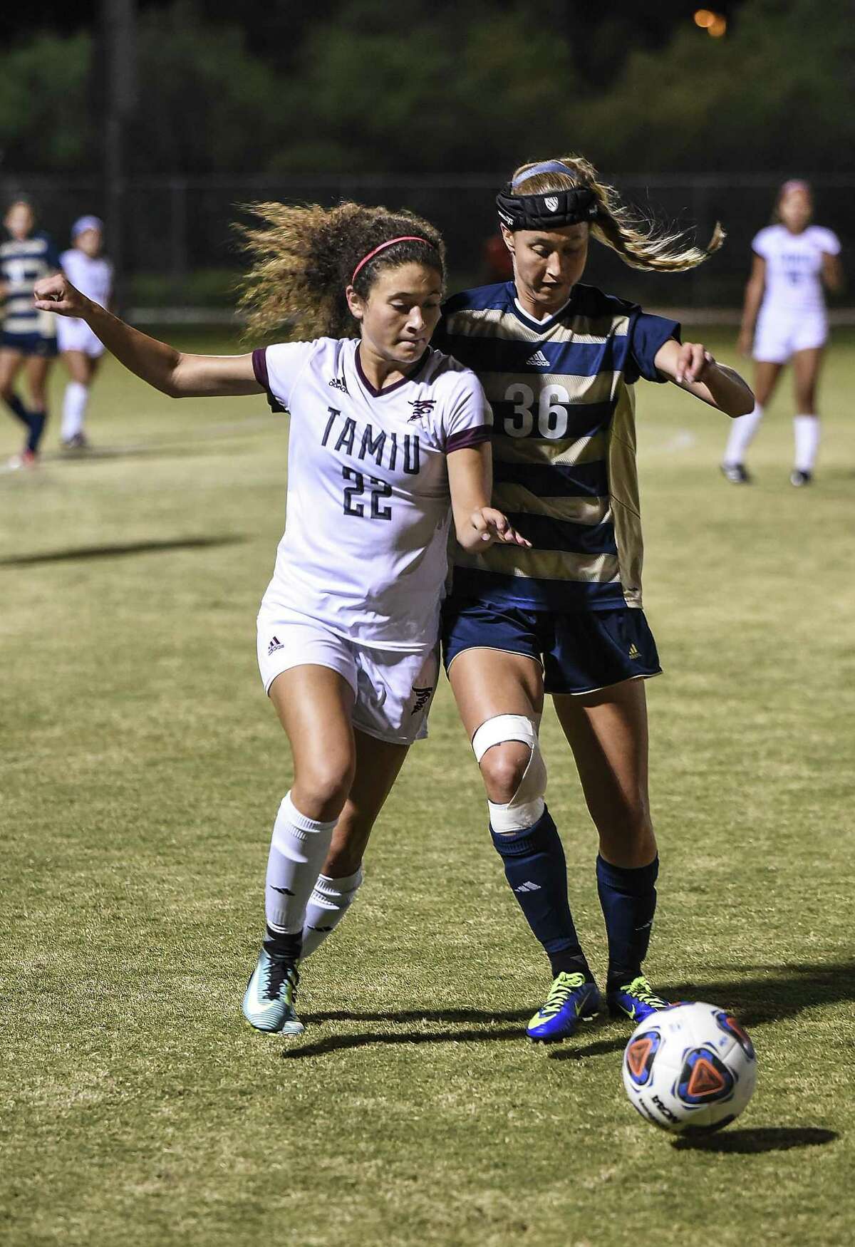 Texas A& International University Nicole Cohen goes for the steal during a game against St. Edward's University on Thursday, Oct. 26, 2017, at the TAMIU Soccer Complex.
