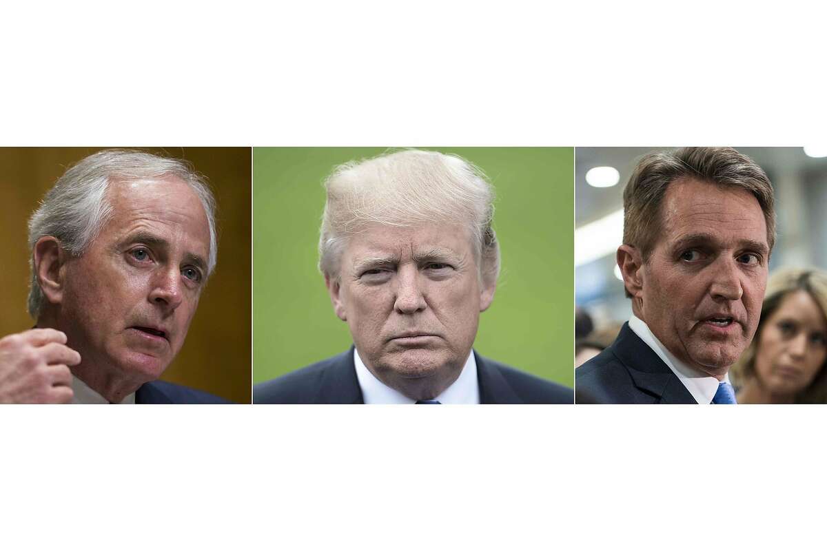 (COMBO; L to R) This combination of pictures created in Washington on October 25, 2017 shows Tenesse Republican Senator Bob Corker, US President Donald Trump and US Republican Senator from Arizona Jeff Flake. President Donald Trump hit back at critics within his own Republican party a day after Republican senators Jeff Flake and Bob Corker described Trump as having a "flagrant disregard" for truth and decency and of "debasing" the nation. Trying to forestall a wider party backlash, Trump said Flake and Corker had decided to resign from politics because they could not be reelected. / AFP PHOTOZACH GIBSON,BRENDAN SMIALOWSKI,NICHOLAS KAMM/AFP/Getty Images