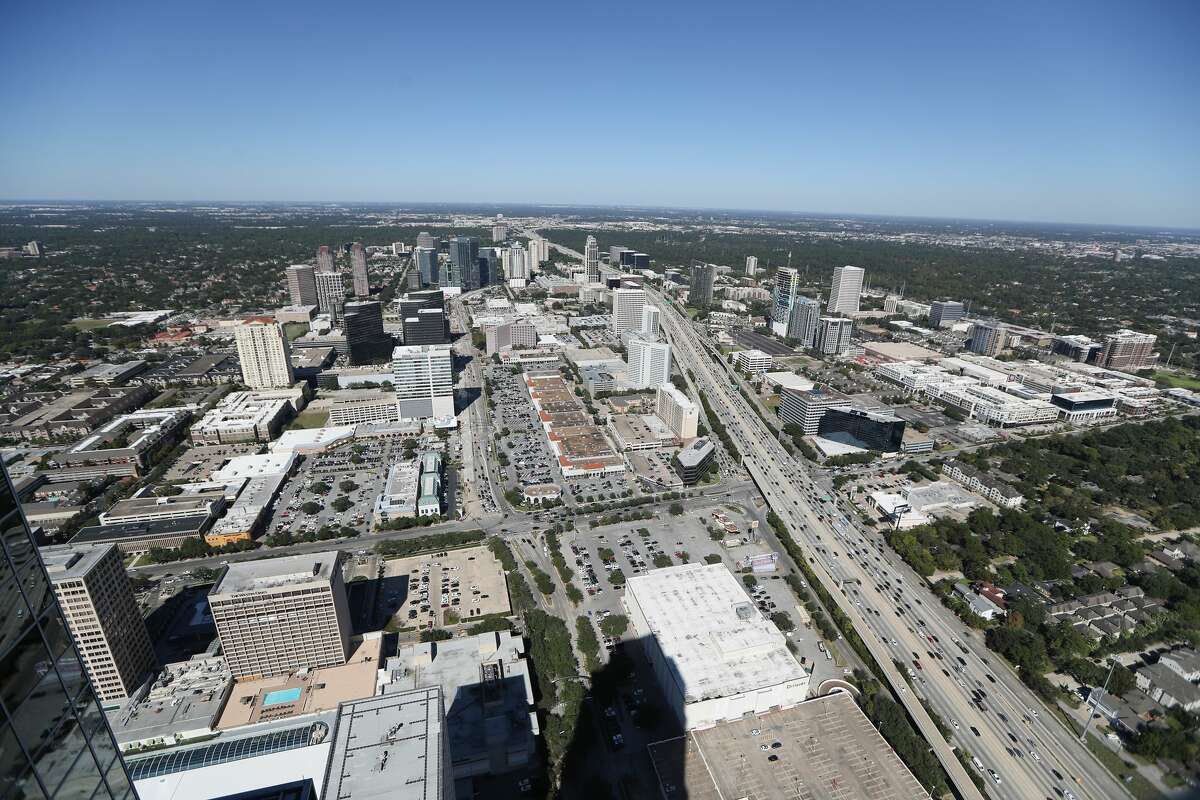 Aerial night view of the Houston Galleria area and Williams Tower.