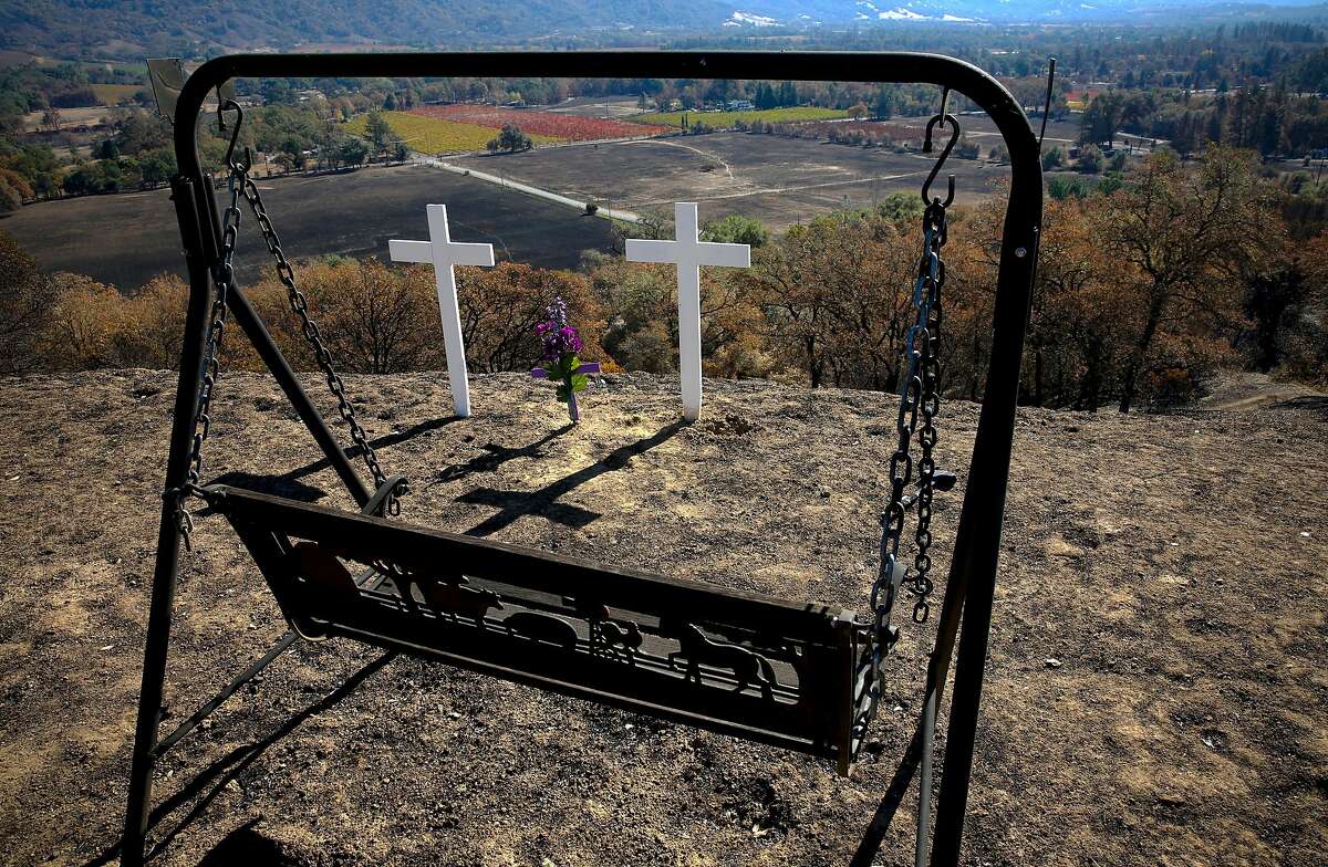 Crosses for Steve Stelter and Janet Costanzo off West rd. who perished in the fire, as seen on Wednesday October 25, 2017, in Redwood Valley, Ca.The Redwood Valley fire burned 36,523 acres, destroyed 545 structures and left eight people dead.