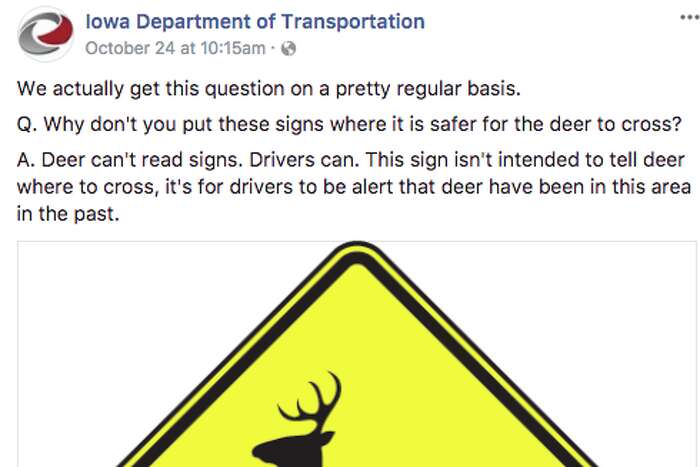 Iowa Department of Transportation on deer crossing signs