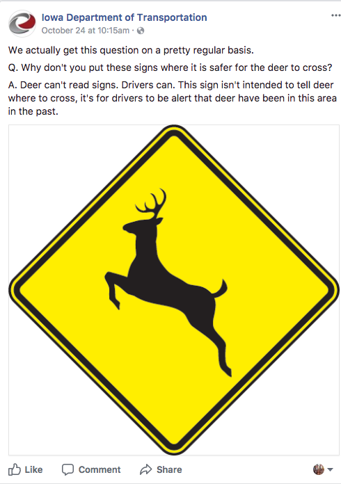 Iowa Department of Transportation on deer crossing signs