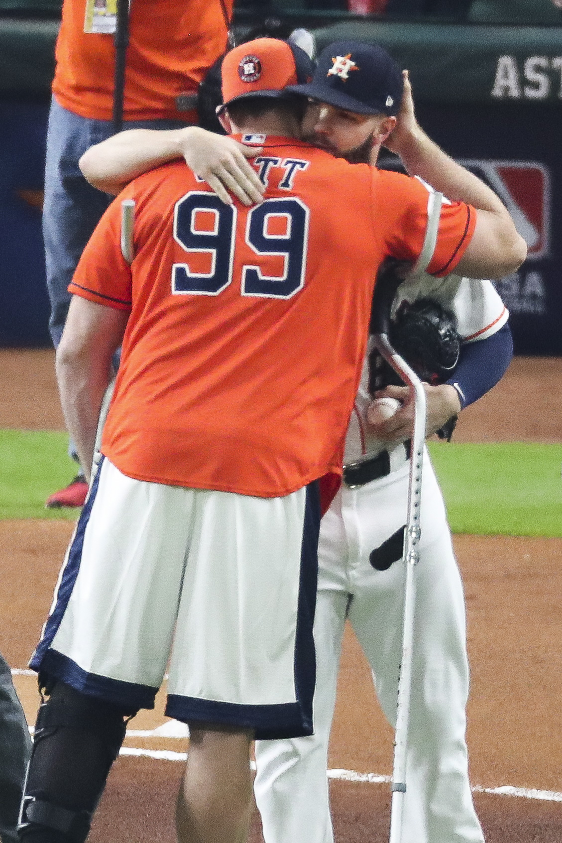 Houston Texans defensive end J.J. Watt throws out the first pitch before  the Los Angeles Dodgers-Houston Astros in the 2017 MLB World Series game  three at Minute Maid Park in Houston, Texas