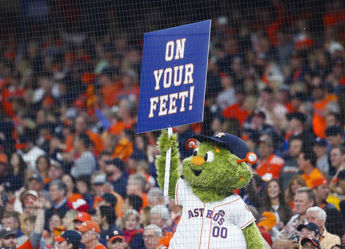 Orbit cheers during the seventh inning of Game 3 of the World Series at Minute Maid Park on Friday, Oct. 27, 2017, in Houston.