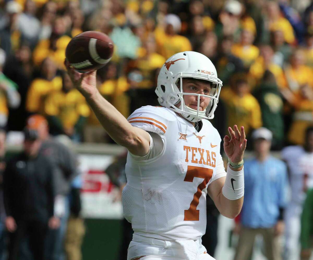 Texas quarterback Shane Buechele throws downfield against Baylor in the second half of an NCAA college football game, Saturday, Oct. 28, 2017, in Waco, Texas. Texas won 38-7. (AP Photo/Rod Aydelotte)