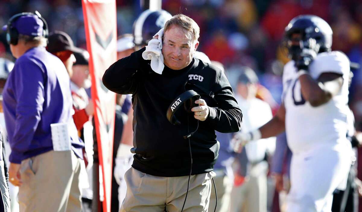 TCU head coach Gary Patterson walks on the sideline during the first half of an NCAA college football game against Iowa State, Saturday, Oct. 28, 2017, in Ames, Iowa. (AP Photo/Charlie Neibergall)