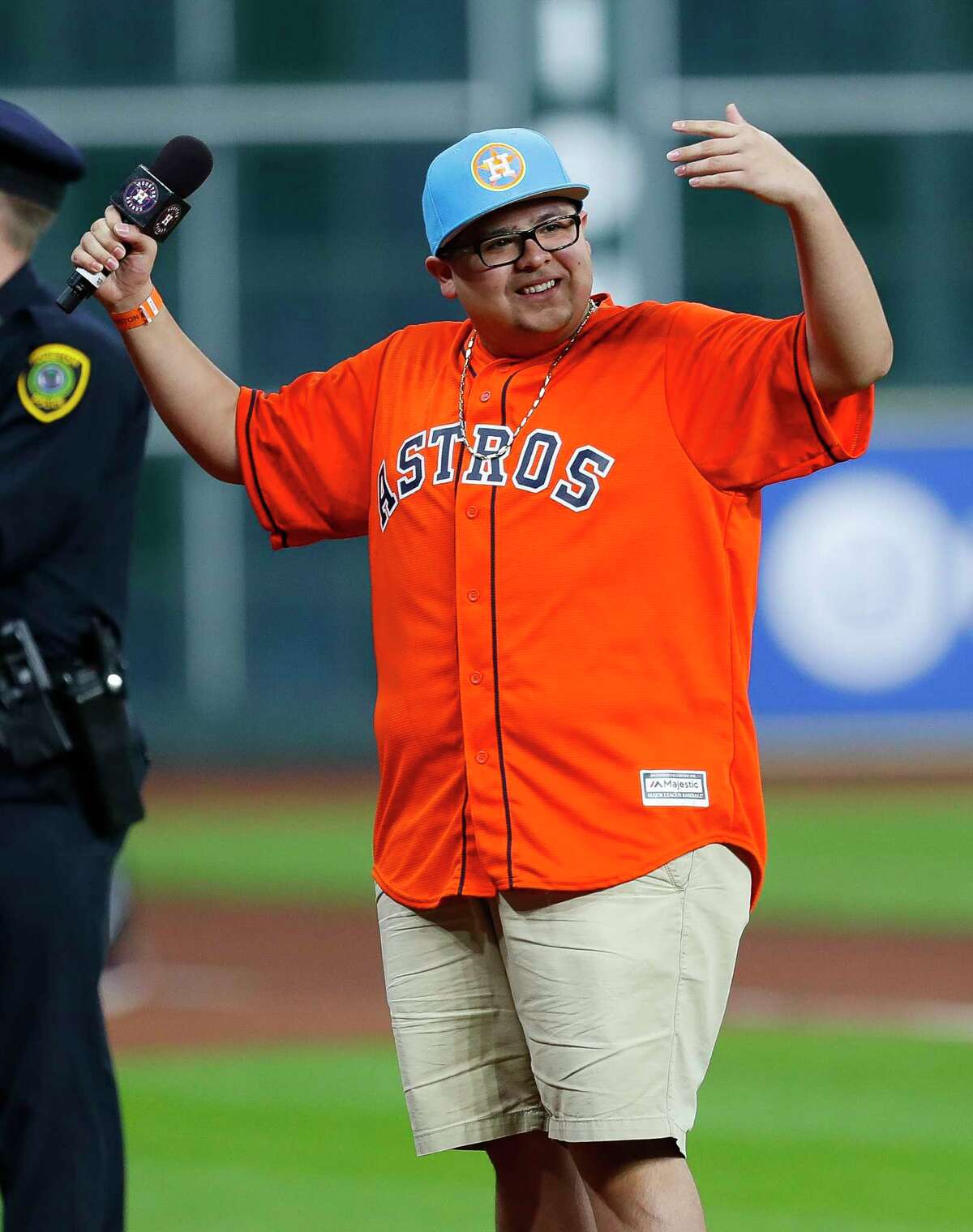 PHOTOS: Rico Rodriguez supporting Houston sports team Actor Rico Rodriguez, who plays Manny Delgado in the sitcom Modern Family, says play ball before Game 4 of the World Series at Minute Maid Park on Saturday, Oct. 28, 2017, in Houston. Browse through the photos above for a look at Rico Rodriguez supporting Houston sports teams at games.