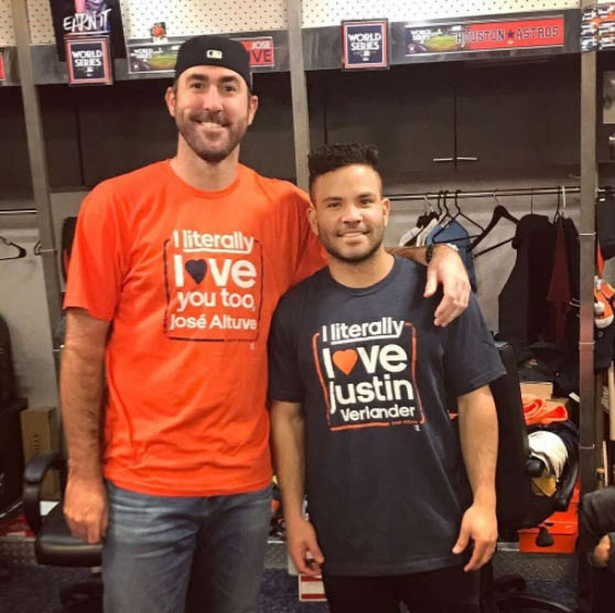PHOTOS: Justin Verlander and Jose Altuve showing each other love The Astros' Justin Verlander and Jose Altuve pose together with their new T-shirts.