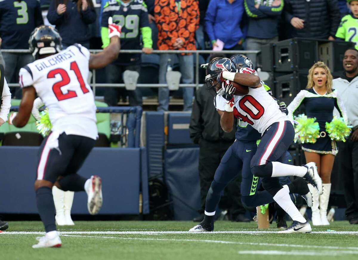Houston Texans cornerback Marcus Williams (40) intercepts the ball in the third quarter of the game against the Seattle Seahawks at CenturyLink Field Sunday, Oct. 29, 2017, in Seattle. The Seahawks won 41-38.