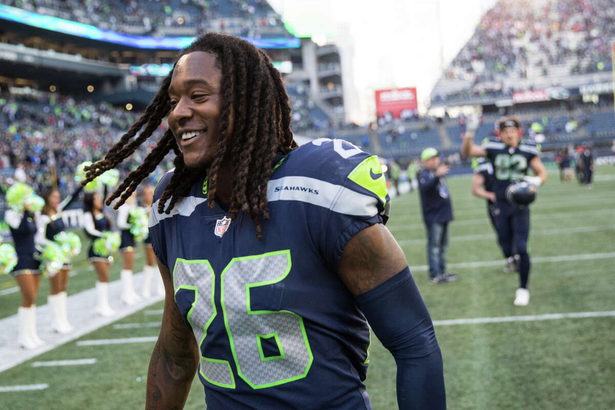 Seahawks corner back Shaquill Griffin smiles while heading to the locker room following Seattle's 41-38 win over the Texans at CenturyLink Field on Sunday, Oct. 29, 2017.
