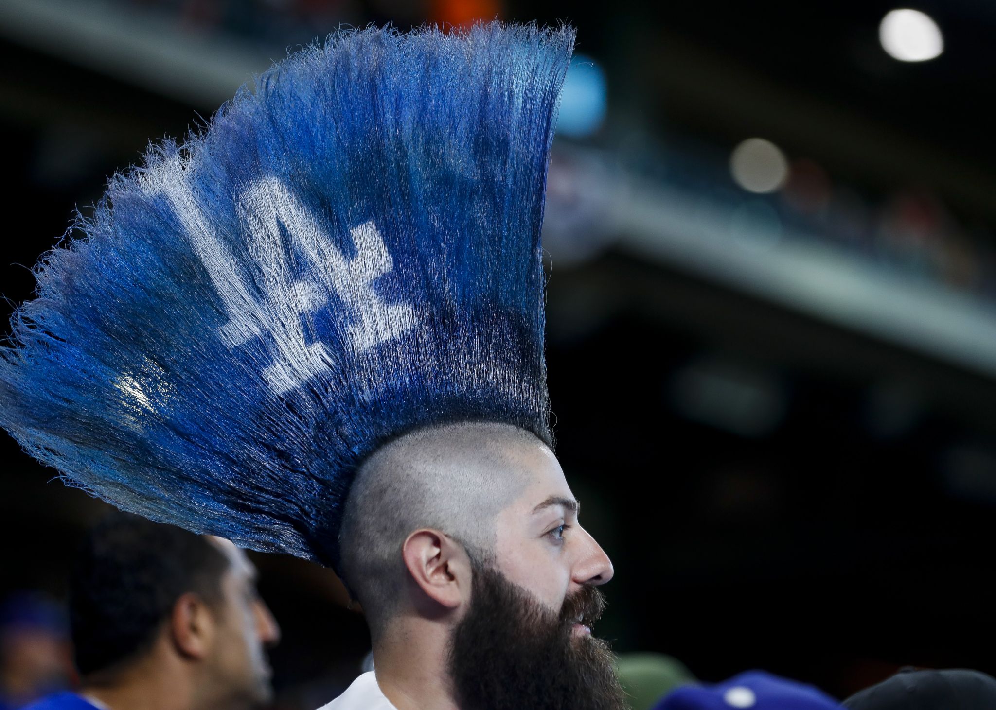 Be inspired by this fan's gigantic Dodger Blue mohawk at NLCS Game