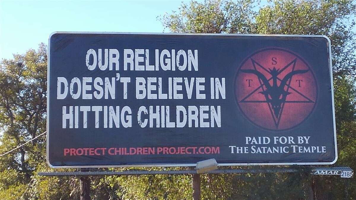 A billboard in Three Rivers, Texas denounces corporal punishment after Three Rivers Independent School District reinstated it in July 2017.