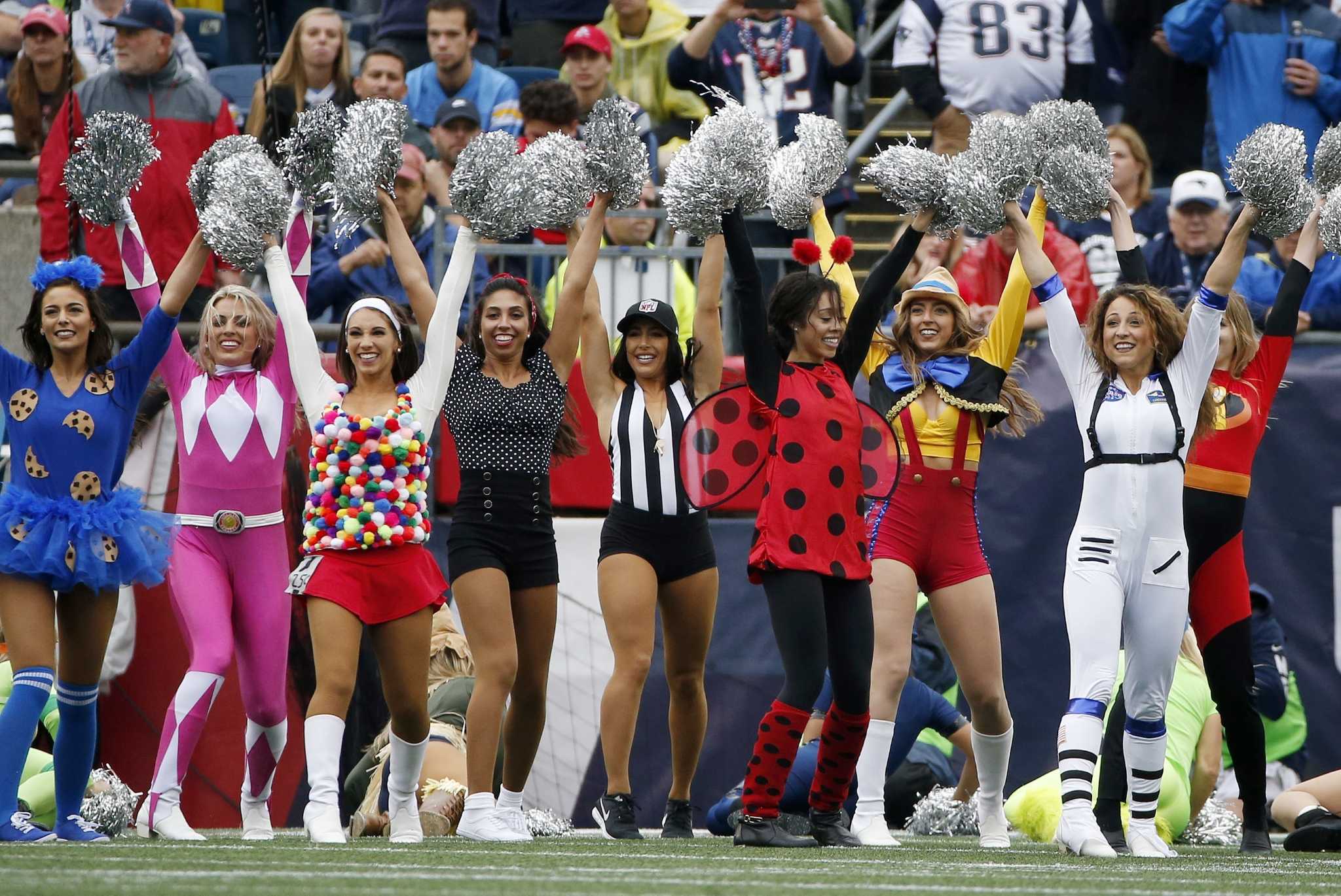 New England Patriots cheerleaders perform in Halloween costumes in the  first half of a…