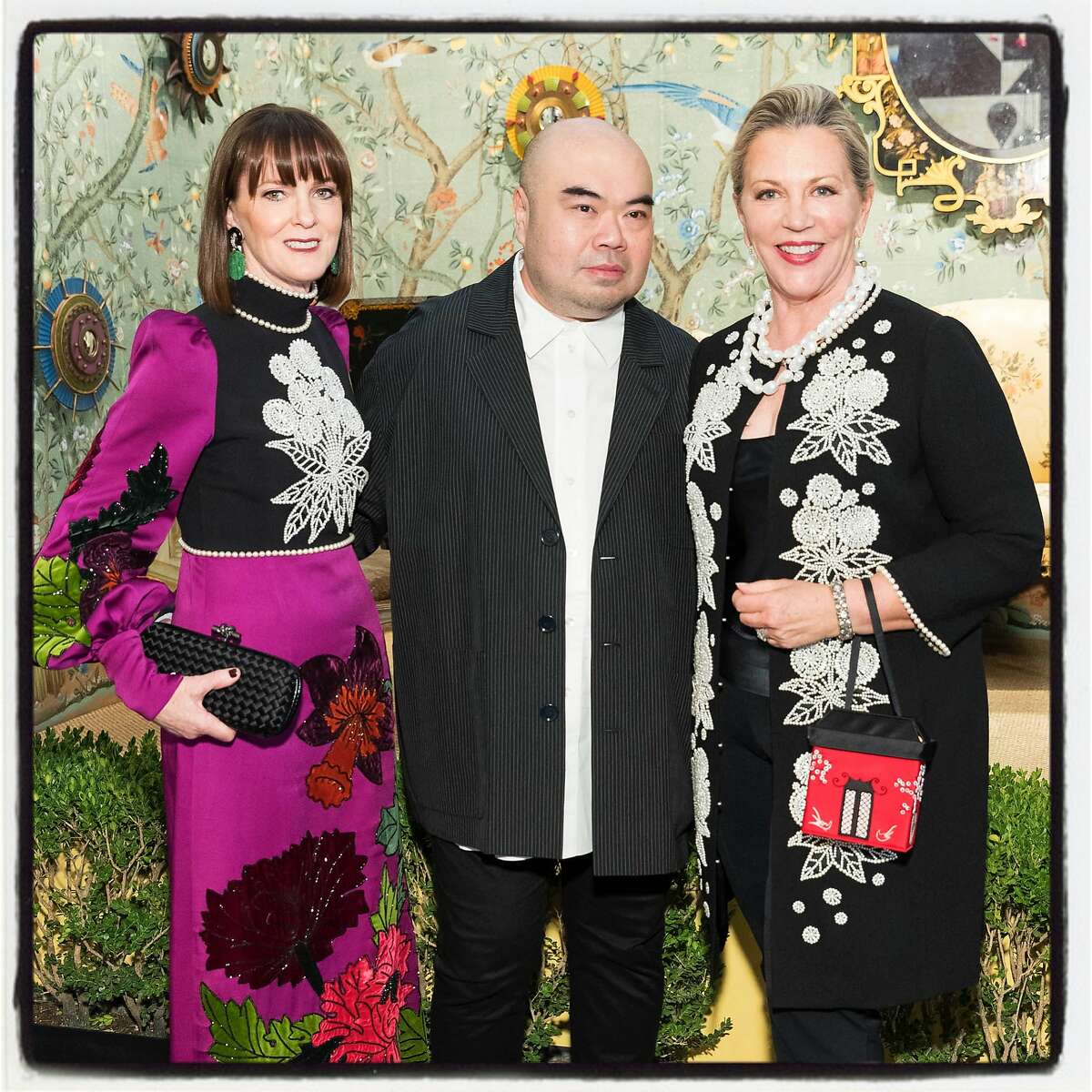 SF Fall Art & Antiques Show gala member Allison Speer (left) with designer Andrew Gn and show chairwoman Suzanne Tucker at Fort Mason Center. Oct. 25, 2017