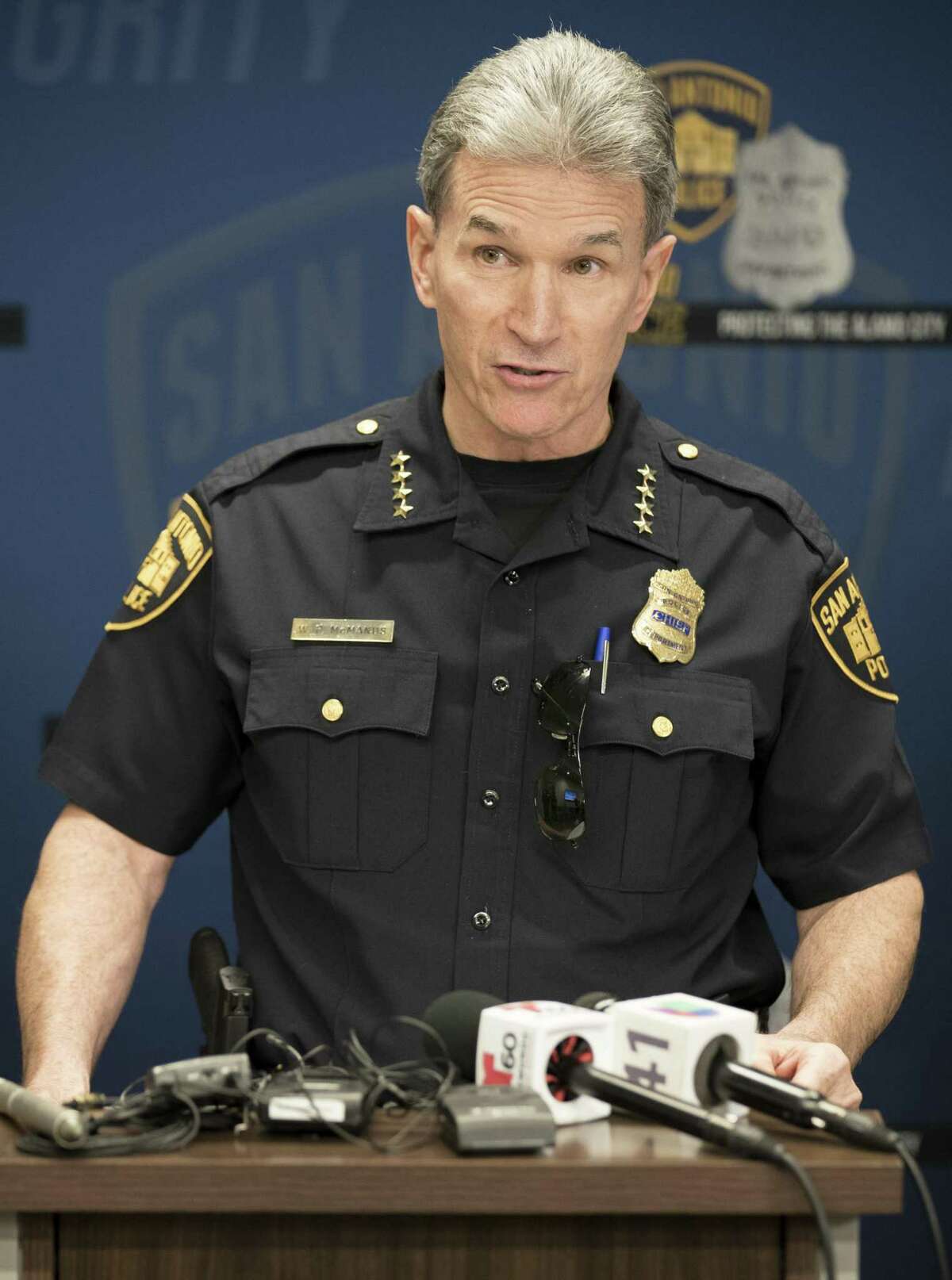 San Antonio Police Chief William McManus speaks during a press conference regarding the expanded involvement of state law enforcement in San Antonio to assist local authorities in cracking down on gang-related activity and growth in violent crime, Monday, Oct. 30, 2017, at Public Safety Headquarters in Downtown San Antonio. (Darren Abate/For the Express-News)