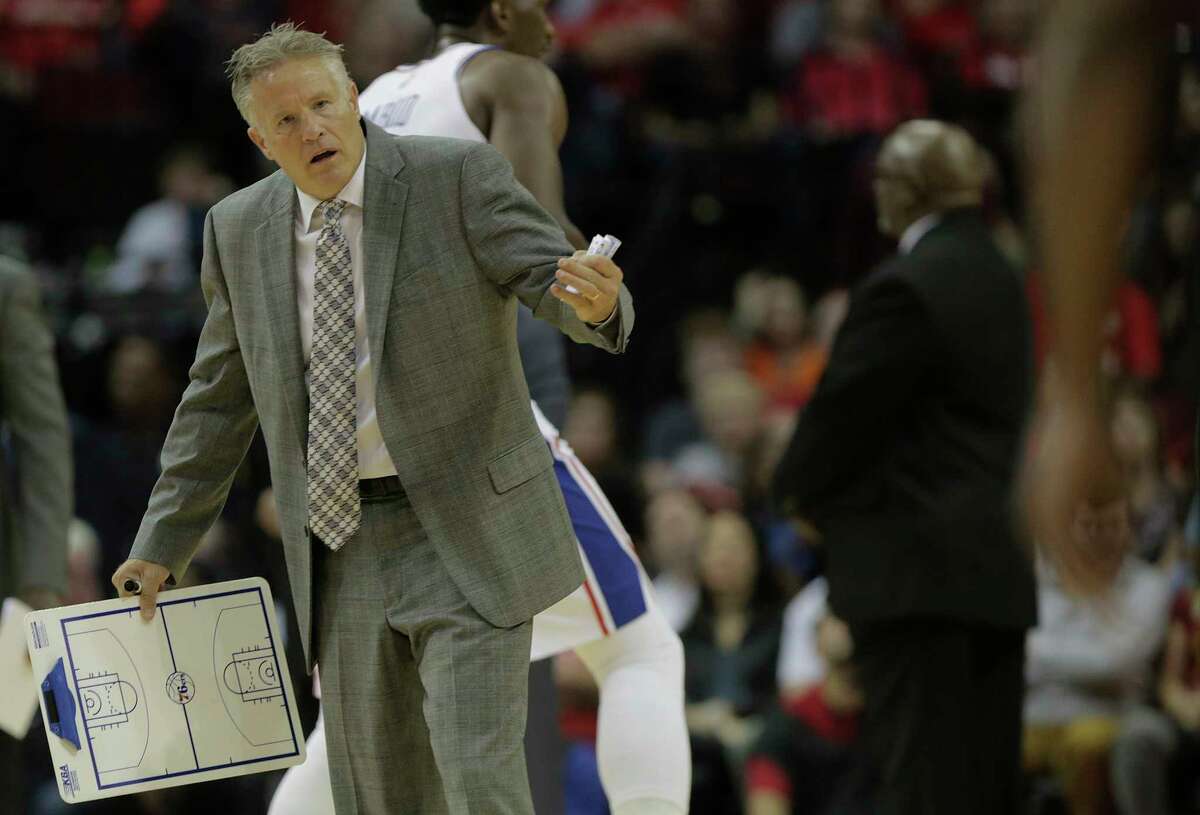 Philadelphia 76ers head coach Brett Brown reacts to an offensive foul call during a time out at the Toyota Center on Monday, Oct. 30, 2017, in Houston.