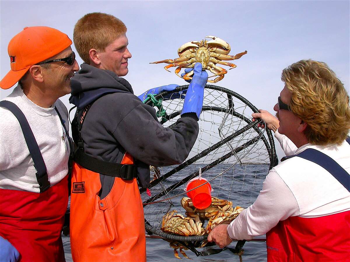 Pence MacKimmie holds up a sport-caught Dungeness crab caught in crab pot with dad Bruce on right, pal Doug Laughlin on left