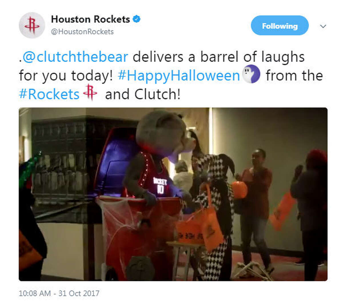 Watch Clutch the Bear of the Rockets scare TrickorTreaters