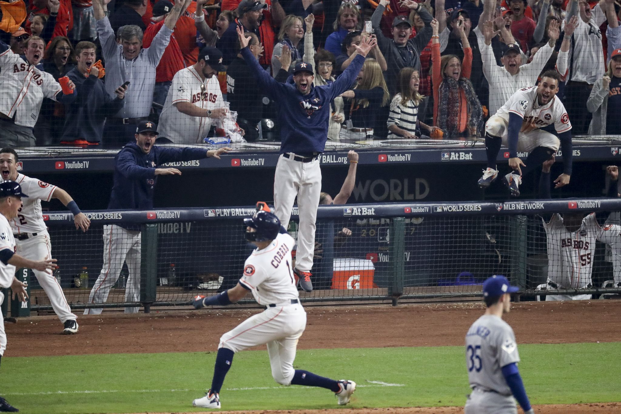 KTLA 5 Morning News - BREAKING: The Houston Astros win Game 5 of the 2017  World Series against the Dodgers 13-12. Houston Astros player Carlos Correa  reacts after hitting a two-run homer