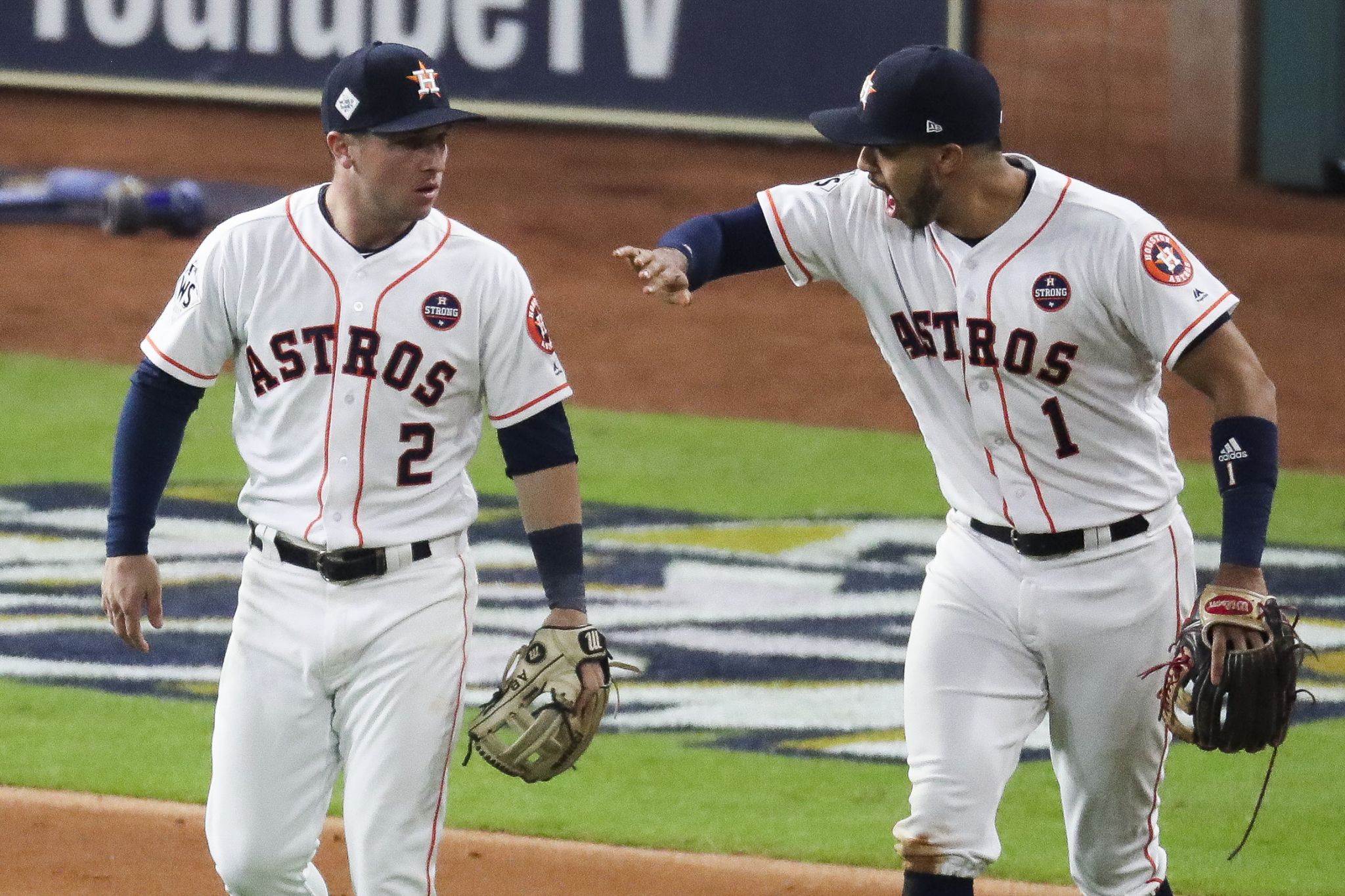 Houston Astros' Jose Altuve and Carlos Correa celebrate after Game 7 of  baseball's World Series against the Los Angeles Dodgers Wednesday, Nov. 1,  2017, in Los Angeles. The Astros won 5-1 to