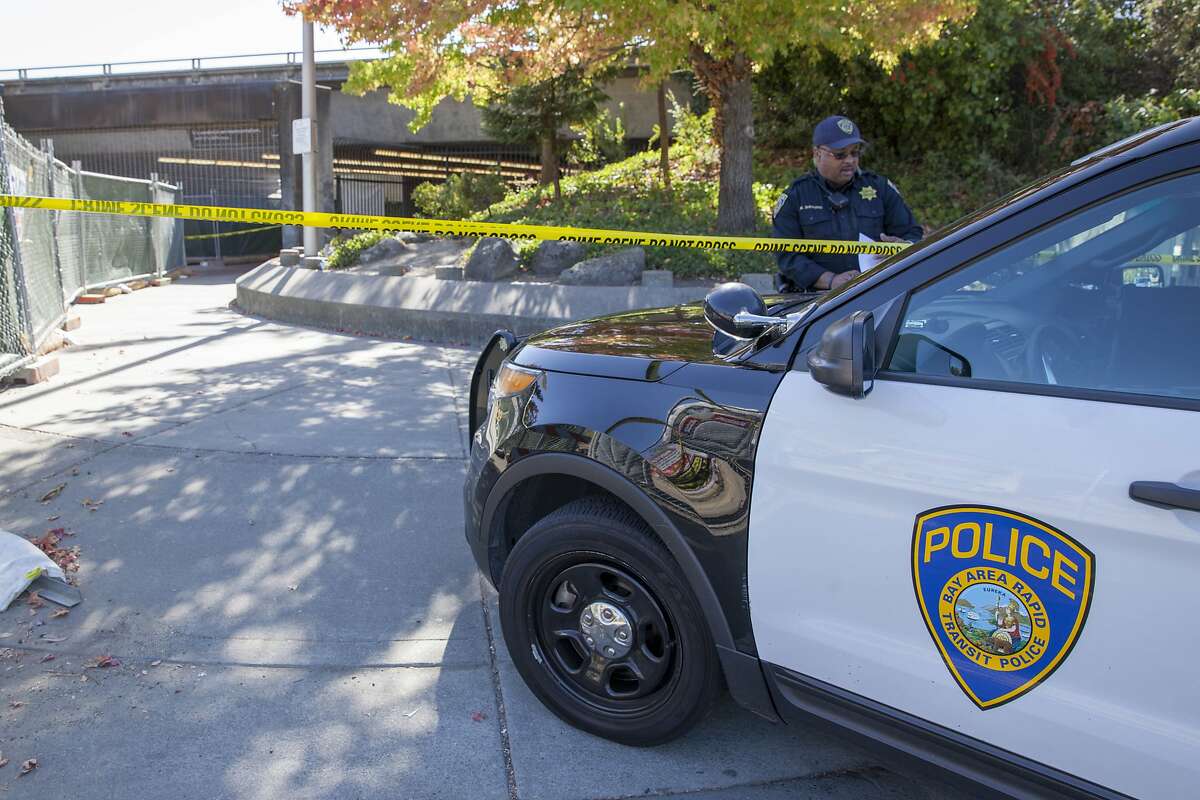 BART Police officers guards the closed entrance to the Lafayette BART Station after three people were stabbed during an altercation over the theft of a backpack at the Lafayette BART Station at around 10 a.m. Sunday in Lafayette, California, USA 8 Oct 2017. (Peter DaSilva/Special to The Chronicle)