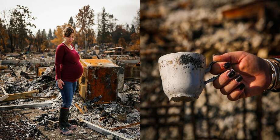 Erin Ballard, 33, stands 9-months pregnant with her second child among the rubble of her destroyed home in the Coffey Park neighborhood of Santa Rosa, Calif., on Sunday, Oct. 29, 2017. The home was originally her grandparents and she said, "I've known this property my entire life". 

Of the china dishes she found she says, "These were my grandmothers. Finding these intact at least makes me feel a little bit better knowing that something survived. These were always our good china. You know they are full of memories of Easter and Thanksgiving. I remember when I was little I really liked this pattern and so when my grandmother passed away and I moved into my own house, I grabbed them as soon as I could. We can't eat off of them ever again but I will save them." Photo: Gabrielle Lurie, The Chronicle
