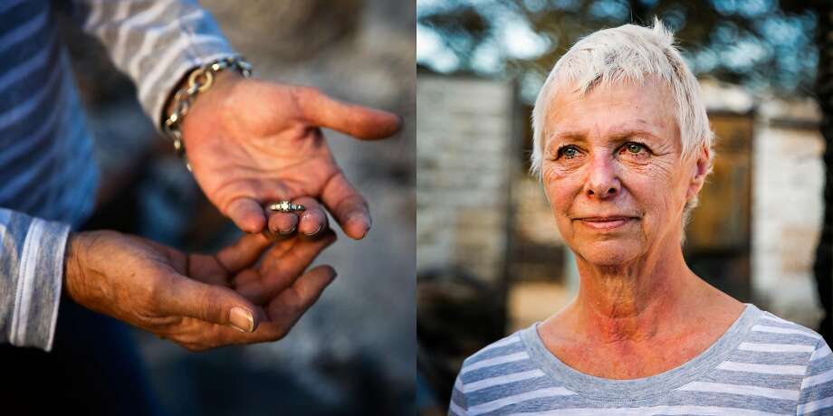 2017年10月23日星期一，加利福尼亚州格伦艾伦，70岁的卡里尔·卡斯尔贝瑞站在她被毁的肖像前。谈到火灾后的重建，她说:“我喜欢努力工作，我觉得这给了你目标，但这真的取决于我们为此付出多大的努力。”谈到这个社区，她说:“这是一个很棒的社区，人们真的很支持我。”关于找到婆婆的结婚戒指，她说:“这是罗恩的母亲的，我戴了一段时间。我很高兴能给我的孩子们吃。它比任何东西都重要，因为它是传家宝。谁会想到你会找到这么小的东西?我在浴室里发现了我放珠宝的地方，我就开始挖了。”图片来源:Gabrielle Lurie, The Chronicle