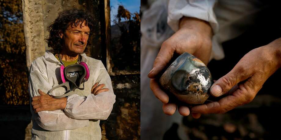 Artist Clifford Rainey, 69, stands for a portrait among his destroyed home in Napa, Calif., on Sunday, Oct. 29, 2017.  On finding his silver cup made by friend and artist Brian Williamson he says, "A school friend in London who is a very good silversmith made this silver cup for me many years ago as a present. It's a dimple cup for sipping whisky. And I woke up in the middle of the night last week and thought, I've gotta find that cup and I searched and didn't think I'd find it because silver has such a low melting point but I found it.   The cup has a lot of meaning for me. I was very surprised to find it. I wasn't expecting it. It literally is one of the few things that survived and it's one of the only things I wanted to find. For me the cup is everything.     On the aftermath of the fire, "It's just, you know, trying to come to terms with everything being gone. The loss of my studio is what is really killing me. It's just amazing that things can just get wiped out in a fire. It's hard. it's just what it is. It's nature. I don't think you can wrap your ahead this. I'm usually good at dealing with stuff but this is too much." Photo: Gabrielle Lurie, The Chronicle