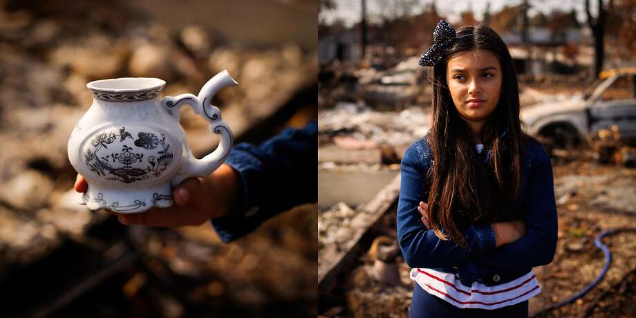 Katerina Hawley, 9 stands among the rubble of her grandmothers destroyed home in the Coffey Park neighborhood of Santa Rosa, Calif., on Sunday, Oct. 29, 2017. Her grandmother won't go back to see the property but Katerina went to collect whatever she was able to find for her. The family sent her grandmother to Hawaii so she wouldn't have to see the destruction. 

Of the house Katerina says, " I went here like two times a week at least. My grandma would pick me up from school and bring me here. I never really thought this disaster would happen. I didn't know it would spread  from Calistoga this fast but apparently fire moves fast. I just saw it (the house) for the first time today and my mom started crying. I wanted to stay strong about it and not let my emotions loose. It is really devastating for me actually but I'm just trying not to let my emotions get the best of me and fight my way over it. I did spend a lot of my time here and it's just very sad for me to see all this stuff gone. My childhood pictures were in here, my mom's childhood pictures, my great grandmothers jewelry and so on. There was generations of stuff here and we're pretty sad to lose that but the good thing is we can make new memories. 

Of finding her grandmothers drinking glass she said, 

"This was in my grandmothers bedroom area. It's a Karlovy Vary pot for drinking mineral water. My grandmother would go to Karlovy Vary (a spa town in the Czech Republic) every year and bring me back stuff. I was actually really surprised that this lasted. I'm kind of confused how it survived. I'm pretty happy that I found it and now I'm just gonna wash it off and the next time that I see my grandma I'm going to give it to her." Photo: Gabrielle Lurie, The Chronicle