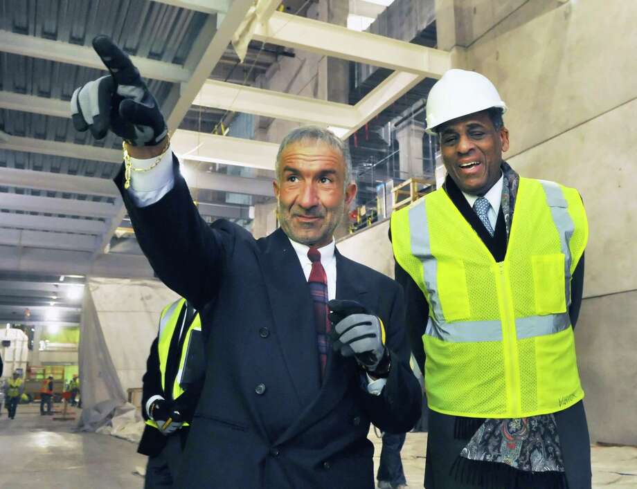 Dr. Alain E. Kaloyeros, left, Senior Vice President and Chief Executive Officer, College of Nanoscale Science and Engineering and SUNY chairman Carl McCall tour NanoFab X onTuesday, Feb. 14, 2012in Albany, N.Y.   (John Carl D'Annibale / Times Union archive) Photo: John Carl D'Annibale / 00016422A